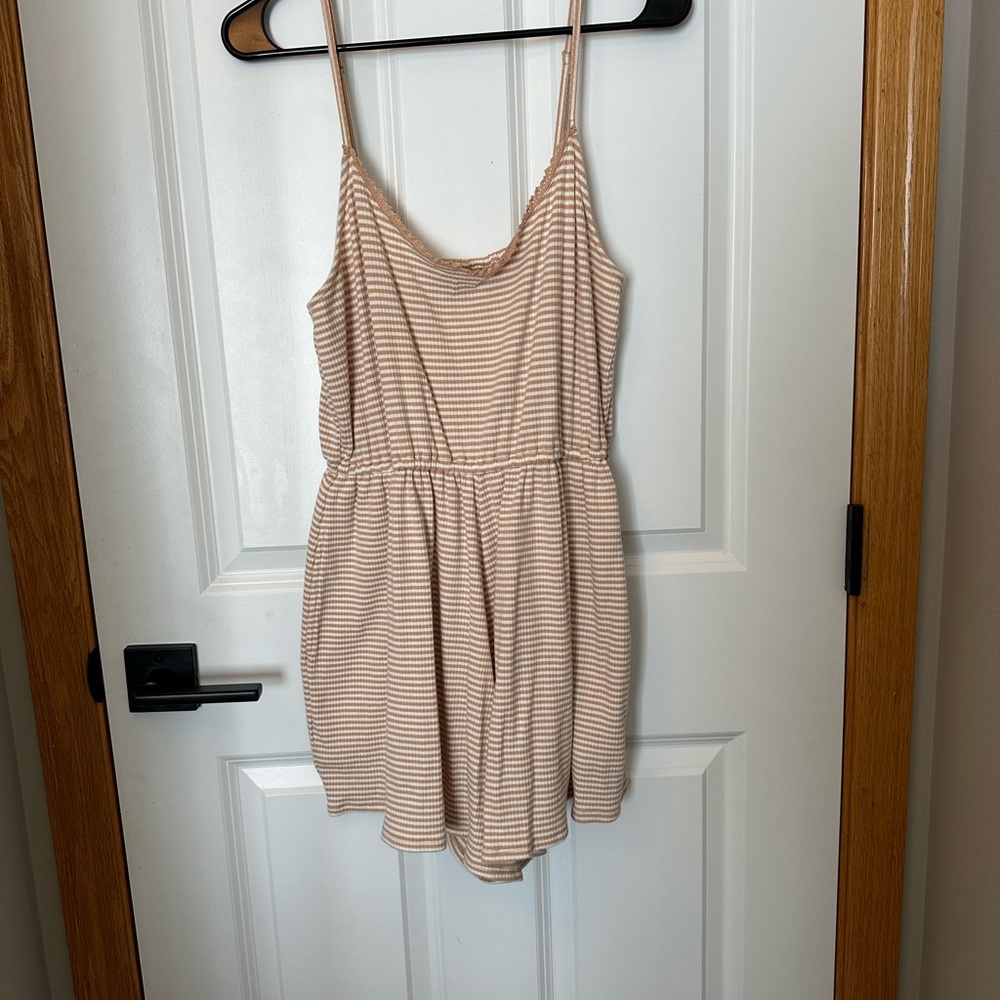 Brown and white striped AEO ribbed romper. Medium.